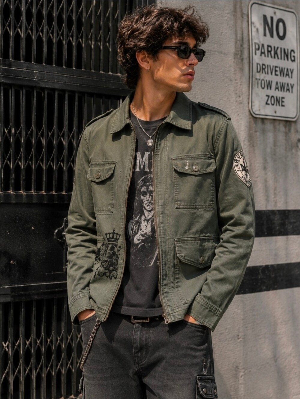 Y2K Juicy Couture Mens Utility Field Jacket Distressed Army Green Punk Grunge